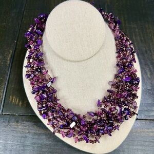 VTG BOHO Purple Glass & Gemstone Multi Strand Beaded Necklace Signed CG 16” -18”